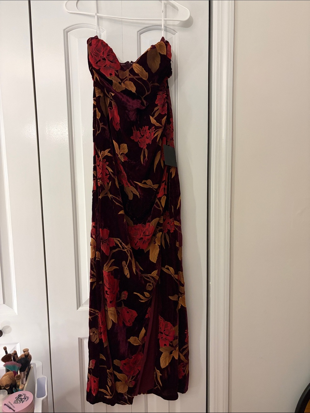 NWT LULUS Floral Velvet Maxi Dress - Burgundy with Red & Gold Floral